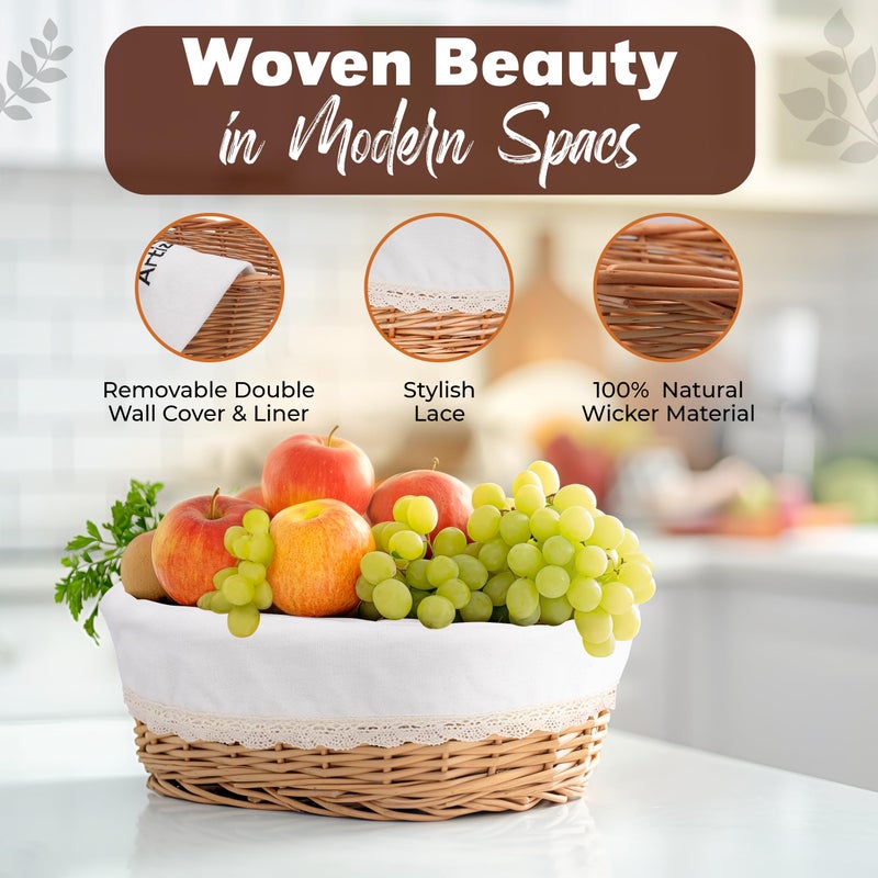 A ARTIZANKA Large Wicker Bread Basket with Removable Linen Liner and Cover - Handmade Rattan Bread Serving & Storage Basket 12"x9" Keeps Bread Warm & Fresh - Perfect Housewarming Gift - Image 3